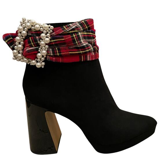BETSEY JOHNSON Idris Dress Heel Ankle Booties Black Red Multi Plaid Size 8M New - Picture 15 of 16